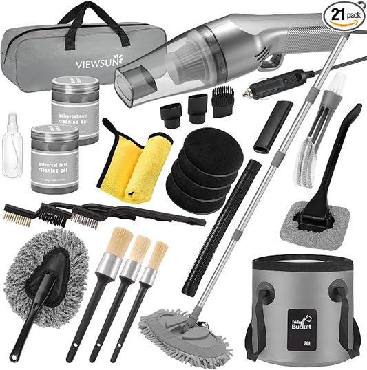 21Pcs Car Cleaning Kit with High Power Handheld Vacuum, Car Wash Mop with Long Handle, Bucket, Detailing Brush Set, Windshield Cleaner, Complete Interior Exterior Washing Supply for Men Women by Viewsun