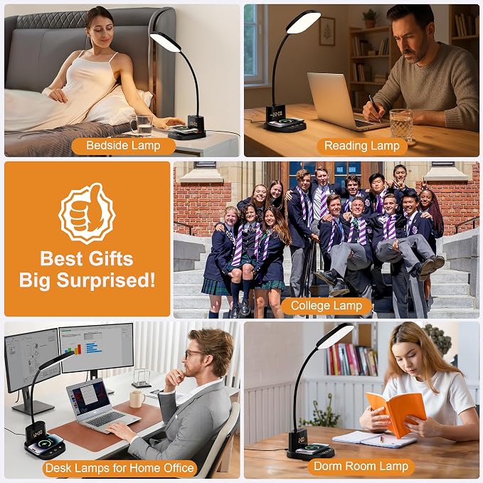 10W Wireless Charging LED Desk Lamp with Clock, Light Black | CRI 95, 800LM, Stepless Dimming, 3 Modes, 360°Flexible Arm, Touch, Study Table Lamp for Home Office, Dorm Room, with Adapter - Image 7