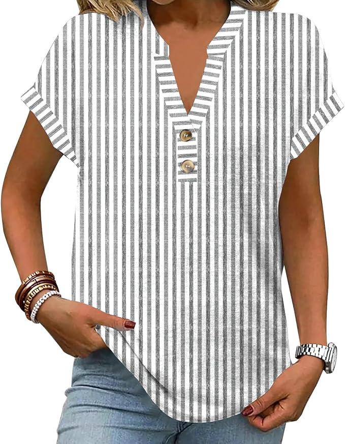 Womens Henley Summer Tops V Neck Button Dressy Casual T Shirts Blouses | Breathable, V-Neck Button, Striped, Loose Fit, Business Casual, Office, Vacation, Spring Summer Tops, Basic Shirts by ETCYYNEW