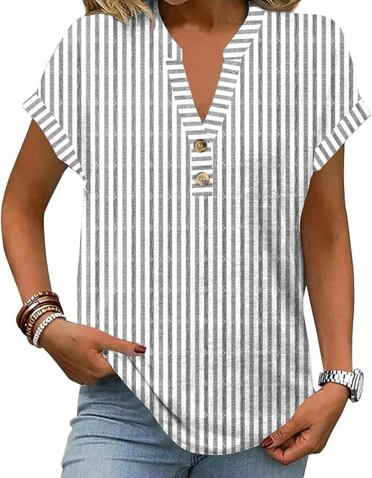 Womens Henley Summer Tops V Neck Button Dressy Casual T Shirts Blouses | Breathable, V-Neck Button, Striped, Loose Fit, Business Casual, Office, Vacation, Spring Summer Tops, Basic Shirts by ETCYYNEW
