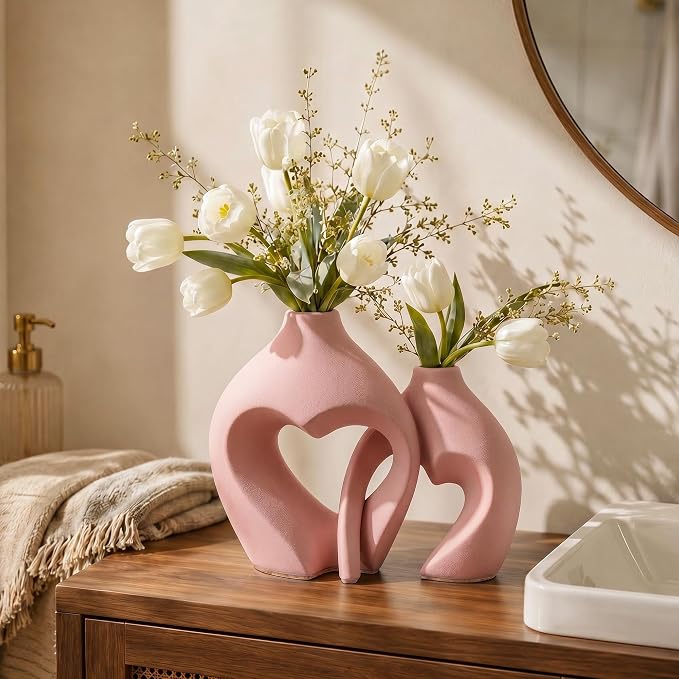 Ceramic Flower Vases Table Decor Heart Shaped Vase Set of 2 Pink | Nordic Heart Shaped Vases Minimalist Decorative Vase for Table Centerpiece Wedding Dining Living Room Office House Decoration - Image 4