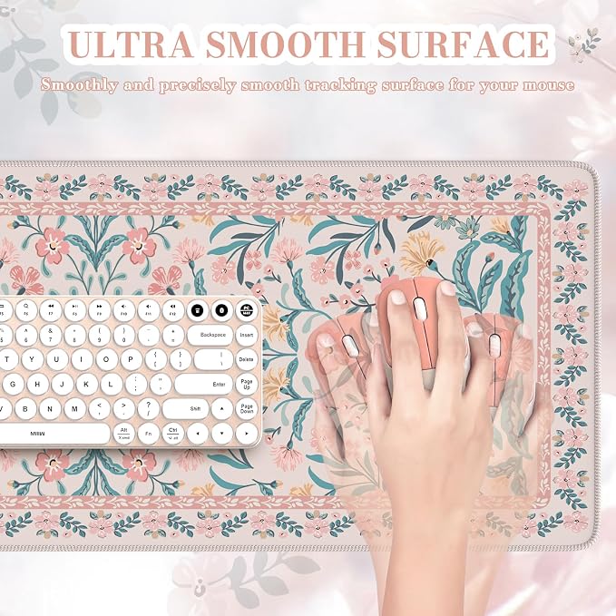 iCasso Aesthetic Desk Mat,31.5x11.8in Mouse Pads, Pink Floral | Anti-Slip Mousepad with Stitched Edges, Waterproof Computer Pad , Desk Accessories Office Decor for Women - Image 3