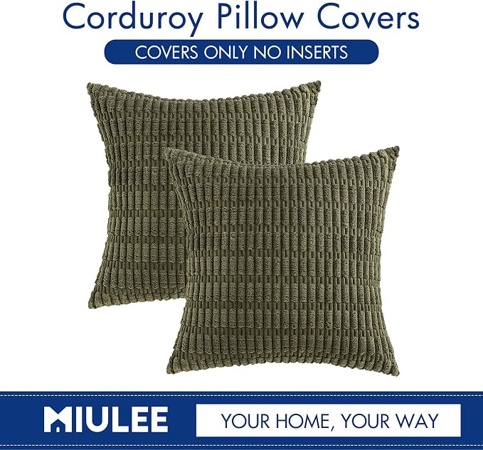 MIULEE Pack of 2 Spring Corduroy Decorative Throw Pillow Covers 18x18 Inch Soft Boho Striped Pillow Covers Modern Farmhouse Home Decor for Summer Sofa Living Room Couch Bed Olive Green - Image 9