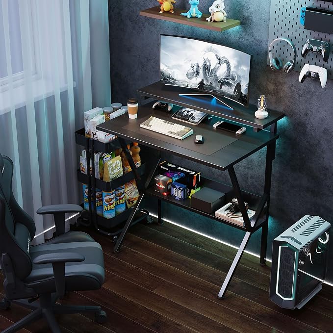 COTUBLR Small Desk, 27.5 Inch Small Computer Desk for Small Spaces, Computer Desk with Adjustable Monitor Stand, Compact Desk with Storage, Tiny Desk Study Desk for Bedroom Home Office, Black - Image 2