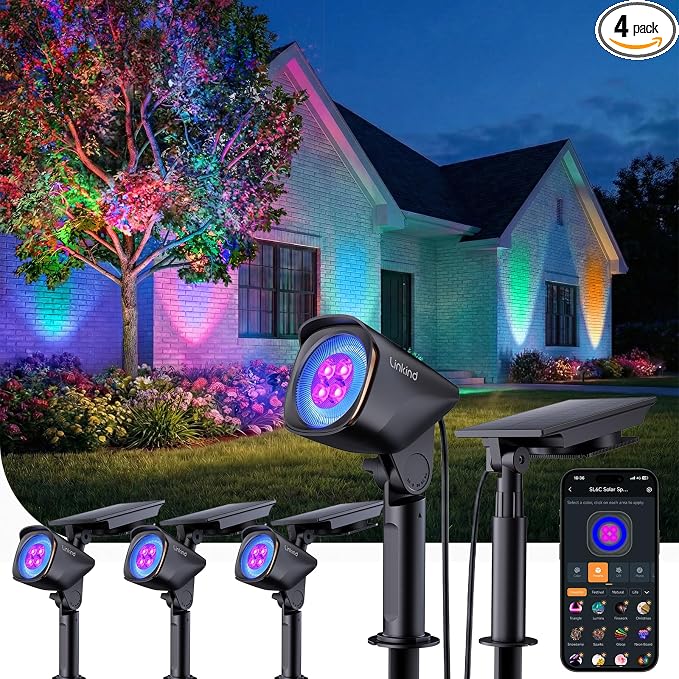 Linkind Smart Solar Lights Outdoor Waterproof SL6C, Dual-Ring Solar&USB Charging Solar Spotlights Outdoor Waterproof IP66, Color Changing Spot Light for Yard, Tree, Landscape, House, 4 Pack by Linkind