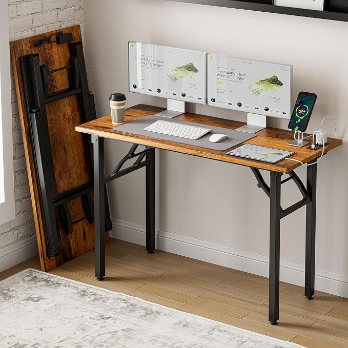 Frylr Small Folding Computer Desk – 43.3 Inch Portable Table for Craft and Study, Lightweight Desk for Small Spaces, Foldable Laptop Table Built-in AC/USB Outlets for Convenience, Rustic Brown by Frylr