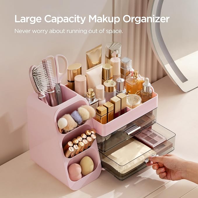 HBlife Makeup Organizer with Brush Holder for Vanity, Large Plastic Bathroom Countertop Organizer Skin Care Storage, Easy to Store Lipsticks, Nail Polishes, Perfumes, Eyeshadow Palettes, Pink - Image 5