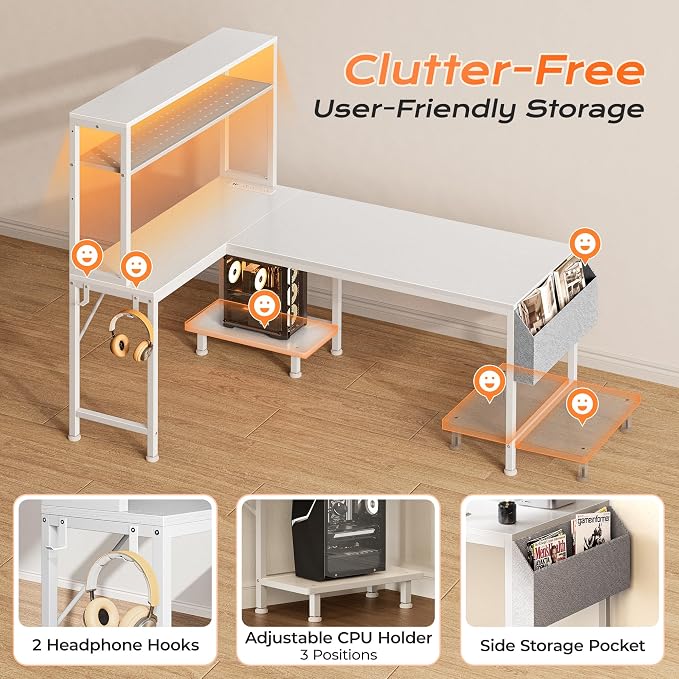 PRAISUN L Shaped Gaming Desk with LED Lights & Power Outlets, Reversible Computer Desk with Storage Shelves & Bag, Large Corner Home Office Desk with Pegboard for Work from Home, White - Image 9