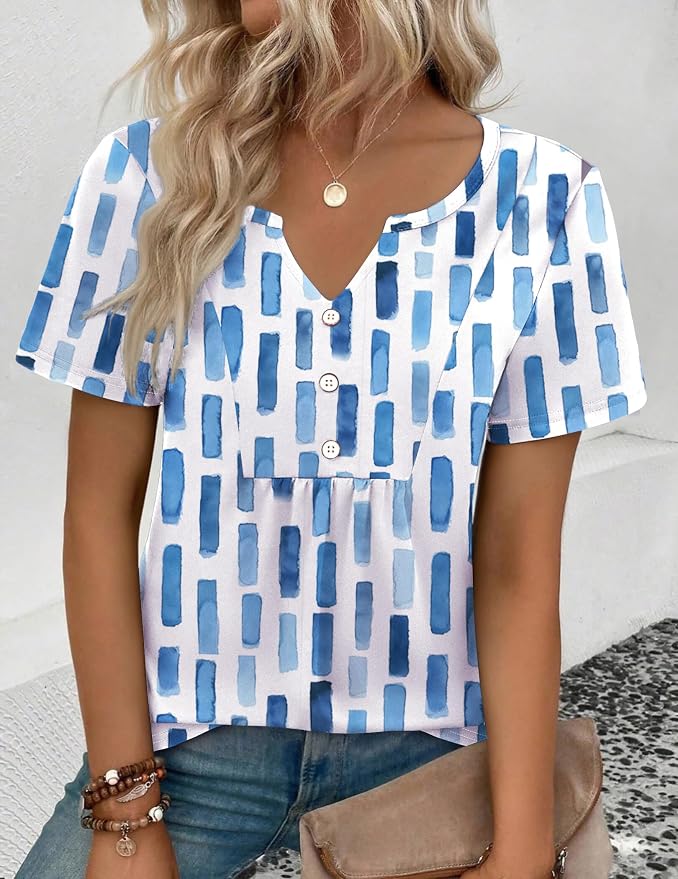 Zeagoo Womens Short Sleeve Tops Summer Henley V-Neck Tshirts Casual Pleated Blouse Dressy Loose Floral Basic Tee - Image 3