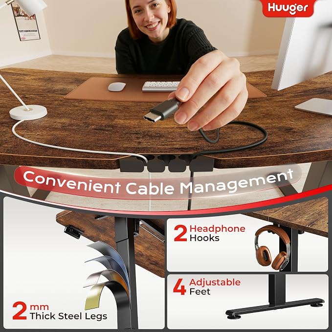 Huuger Electric Standing Desk with Power Outlets and USB-C Port, 47 X 24 Inch Height Adjustable Desk, Sit Stand Desk for Home Office, Computer & Gaming Desk with 4 Presets, Rustic Brown - Image 6