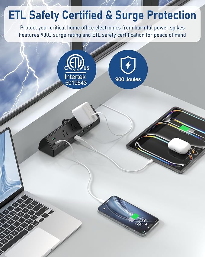 Jgstkcity 90W Desk Clamp Power Strip,12 USB Ports (6 PD 45W USB-C),Surge Protector,ETL Listed Power Hub Extension Cord,Fast Charging Station for Home Office Desk Edge Mount (Black,12 USB-90W) - Image 2