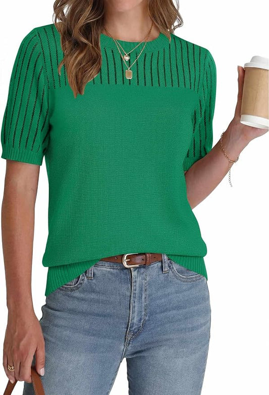 Zeagoo Women's Short Sleeve Sweater Tops 2026 Spring Summer Crew Neck Hollow Out Blouses Dressy Business Casual Outfits by Zeagoo