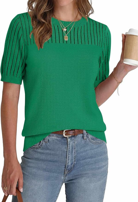 Zeagoo Women's Short Sleeve Sweater Tops 2026 Spring Summer Crew Neck Hollow Out Blouses Dressy Business Casual Outfits by Zeagoo