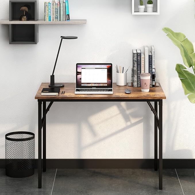 Need Office Computer Desk 39.3 Inch Sturdy Folding Laptop Table Retro | Black Frame Writing Gaming Work Table/Foldable Home Office Desk/Sewing Table, No Assembly Required - Image 5