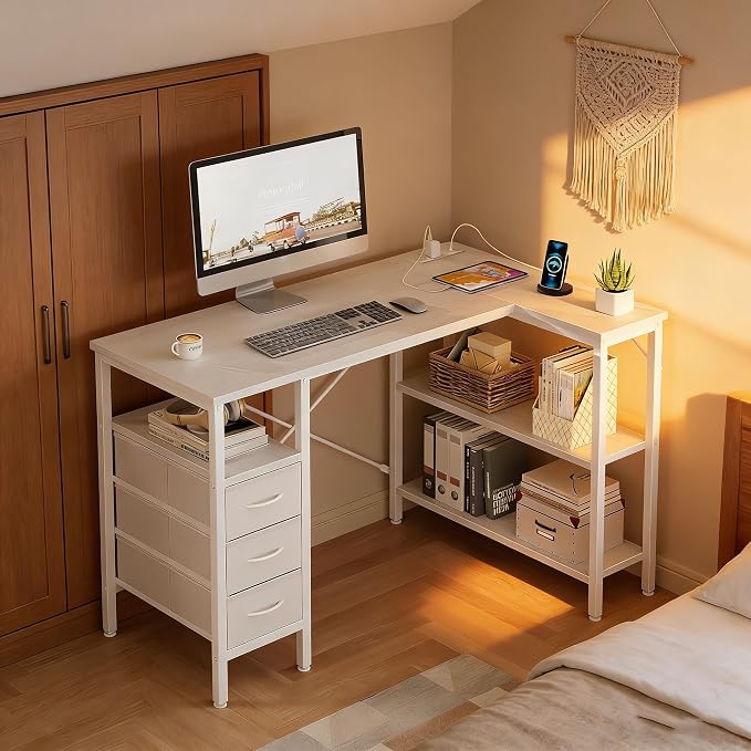 Alpen L Shaped Computer Desk, 55 Inch Corner Desk with Drawers and Power Outlets, Home Office Desk for Gaming, Study Writing PC Table with Storage and Reversible Shelf, White - Image 7