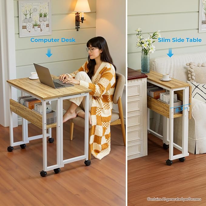 GreenForest Folding Desk with Wheels, 31.5" Rolling Table for Small Spaces | Storage Shelf, Lockable Casters, Compact Portable Workstation, Space-Saving Foldable Sofa Table, Home Office, Mobile, Oak - Image 6