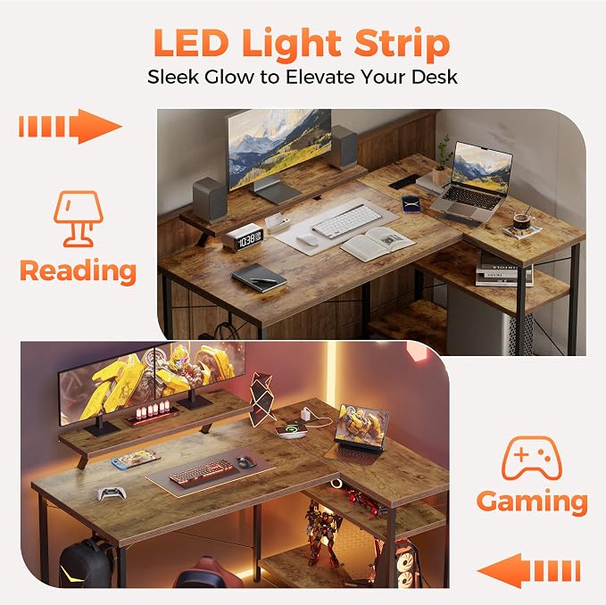 Mericonia 48 in Corner Desk with Monitor Stand, Small L Shaped Gaming Desk | Reversible Computer Desk with Power Outlets, LED Light & Storage Shelves, Office Table for Home Bedroom Study Work Writing - Image 8