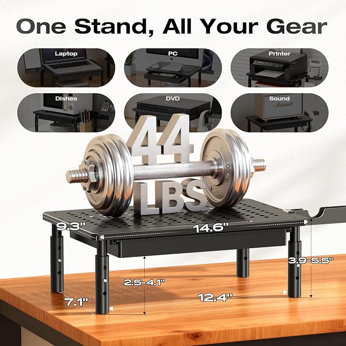 Computer Monitor Stand Riser with Storage, 3 Height Adjustable Laptop Desktop Monitor Stand with Drawer, Metal Short Printer Table, Stand Riser for Desk, Office Desk Organizers and Accessories, 1 Pack - Image 2