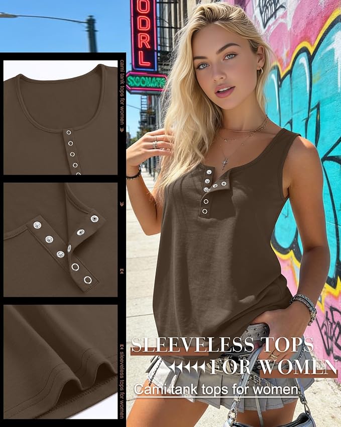 Ficerd 3 Pack Women's Henley Tank Tops Sleeveless Button Down Summer Shirts 2026 Casual Trendy Loose U Neck Tee Blouses - Image 4