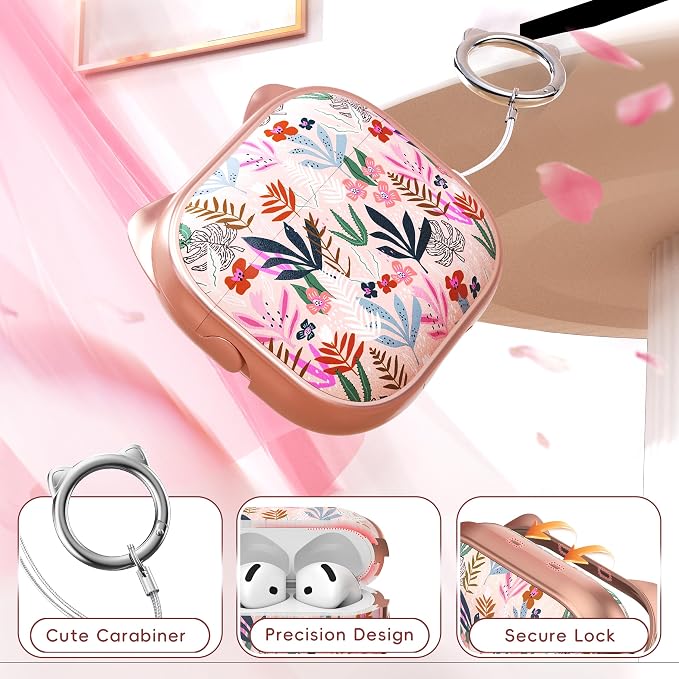 for AirPods 4 Case with Cleaning Kit, Cute Cat Ear Print Design & Cute Buckle, Inverted Phone Holder Design, Top Safe Lock Buckle Design, for Girls AirPods 4 case 2024, Rose Gold Leaves - Image 5