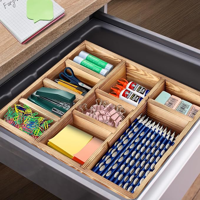 Wooden Desk Drawer Organizer | 9-Slot Desktop Tray | Adjustable Drawer Storage Box for Pens, Keys, Watch, Sticky Notes | Farmhouse Home&Office Decor - Image 5