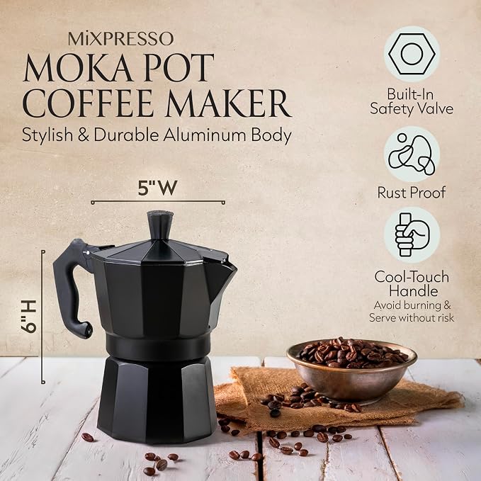 Mixpresso 3 Cup Moka Pot Stovetop Espresso Maker, Italian Cuban Coffee Pot | 5oz aluminum Italian coffee maker for gas and electric stovetops, small design for traditional coffee at home, Mug 4.4 Oz - Image 3
