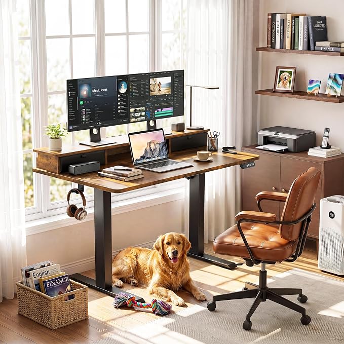 Veken 47x28 in Electric Standing Desk with Drawers, Adjustable Table, Brown | Stand up Computer Desk for Home Office, Work & Study, with Storage, 3 Memory Presets, Cable Organizer, Hook, and Quiet Lift. - Image 2