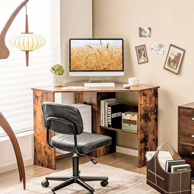 Tangkula Corner Desk, 90 Degrees Triangle Computer Desk for Small Space, Bedroom Makeup Vanity Desk with Storage Shelves & CPU Stand, Space Saving - Image 3