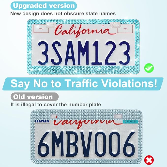 QUANQIUFEI 2 Pack Bling License Plate Frames for Women, Sparkly Rhinestone Diamond Car Accessories with Glitter Crystal Caps (Lake Blue) - Image 4
