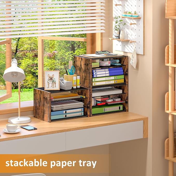 DAOUTIME 3-Tier Paper Letter Tray, Wooden Desk File Organizer, Stackable Metal Mesh Desk Organizer for Office Supplies. Small Paper Trays for Home Office School, Rustic Brown - Image 7