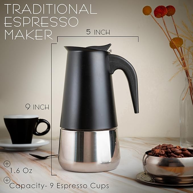 Mixpresso 9 Cup Greca Moka Pot, Stainless Steel Stovetop Espresso Maker | 450ml/15oz Italian stovetop coffee maker with classic percolator design, ideal for preparing coffee at home or while camping - Image 6