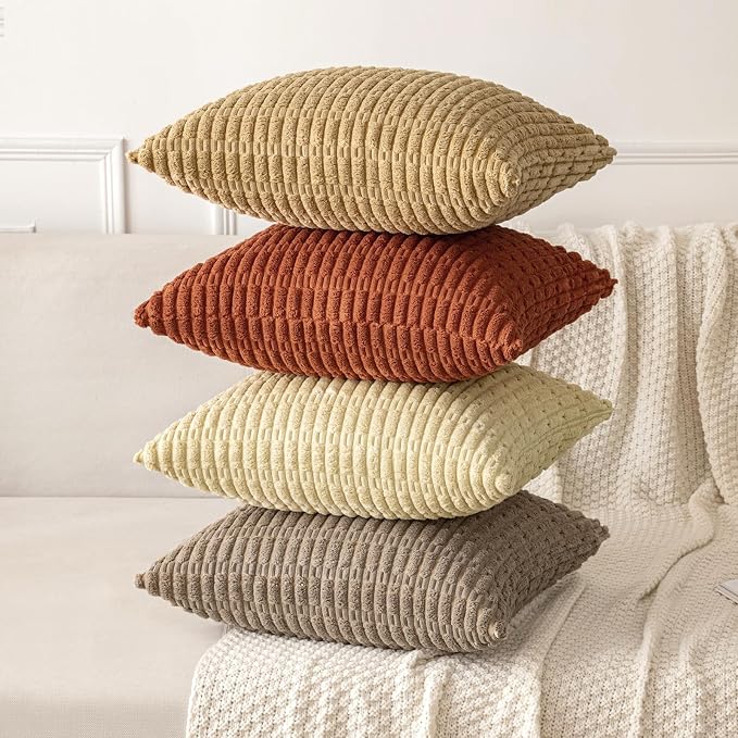 MIULEE Fall Pack of 2 Dark Rust Corduroy Decorative Euro Sham Pillow Covers 24x24 Inch Soft Boho Striped Throw Pillow Covers Modern Farmhouse Home Decor for Sofa Living Room Couch Bed - Image 3