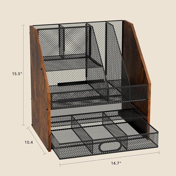 Homsorout Wooden Desk Organizer - Mesh File Organizer with Drawers and Pen Holder - 4-Tier Vertical Paper Letter Storage Tray, Desktop Organizers and Accessories for Home Office - Image 4