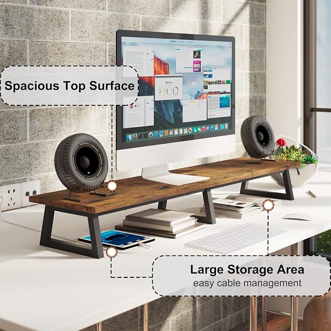 TEAMIX 42 inch Large [Dual] [Monitor] [Riser],Rustic Brown Extra Long TV [Stand Wood & Steel Desktop [Riser] with Storage for [Dual] Screen Office Desk Organization - Image 2