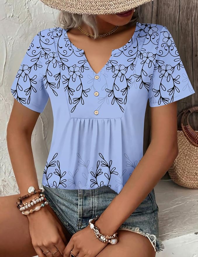 Zeagoo Womens Short Sleeve Tops Summer Henley V-Neck Tshirts Casual Pleated Blouse Dressy Loose Floral Basic Tee - Image 4