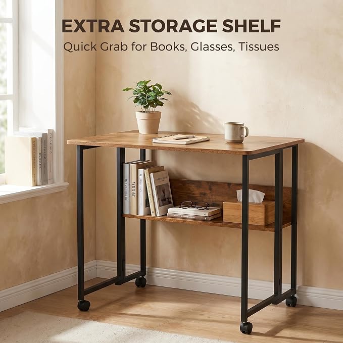 Mobile Foldable Desk w/Wheels and Feet Pads, Foldable Computer Desk, Folding Desk, Small Computer Desk for Small Spaces, Folding Table for Office Bedroom Living Room-Rustic Brown - Image 7