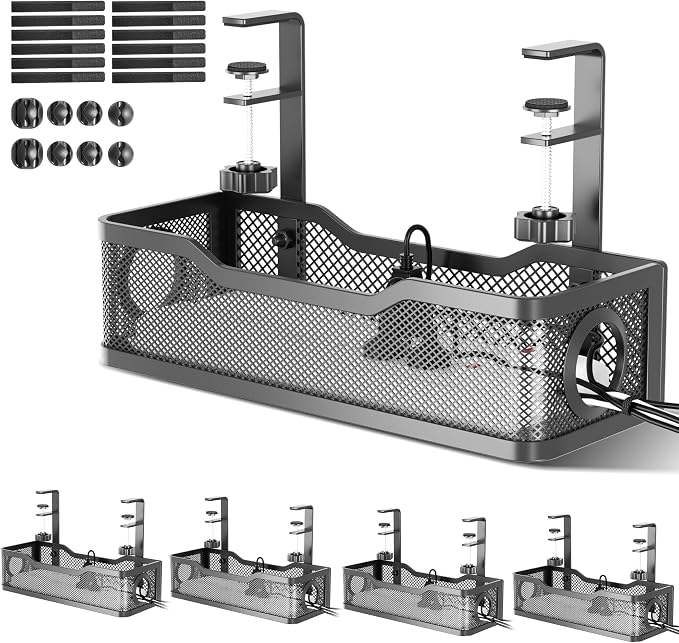 Cinati Under Desk Cable Management Tray White,13.5" Wire Organizer No Drill | 4 Pack, Metal Cable Tray with Clamp for Wire Management, Cord Organizer Box for Office Home Standing Desk, No Damage to Desk by Cinati