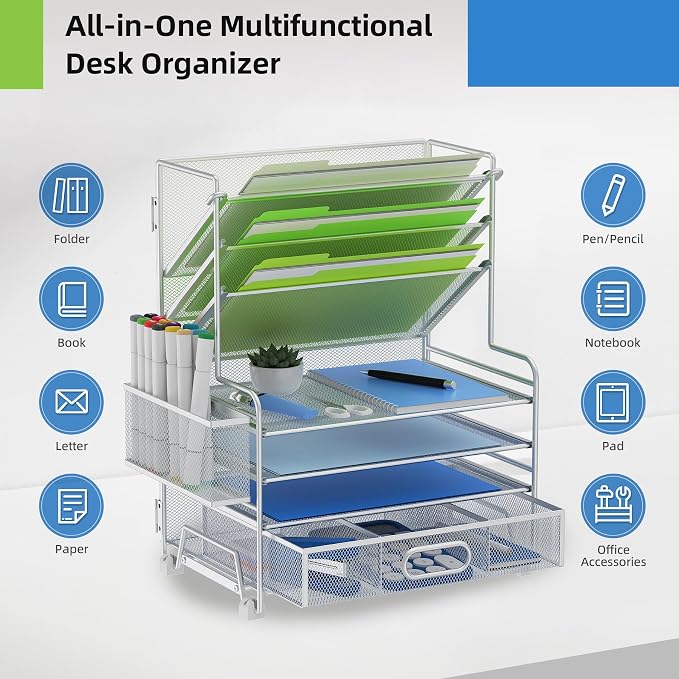 MINDEPOT 4-Tier Paper Organizer + 3-Pocket File Holder + Drawer + Pen Holders, Desktop File Organizers Paper Tray for Office Supplies School Classroom Organization (Silver, with Drawer & Pen Holder) - Image 4