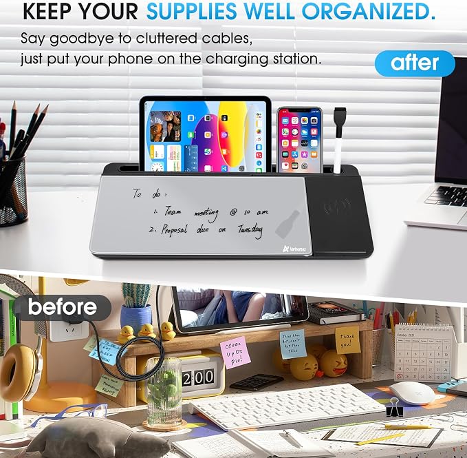 Varhomax Glass Desk Whiteboard with Wireless Charger, Desktop Organizer Dry Erase White Board with Storage, to Do List Memo Notepad for Home and Office Supplies (Black & Gray) - Image 4