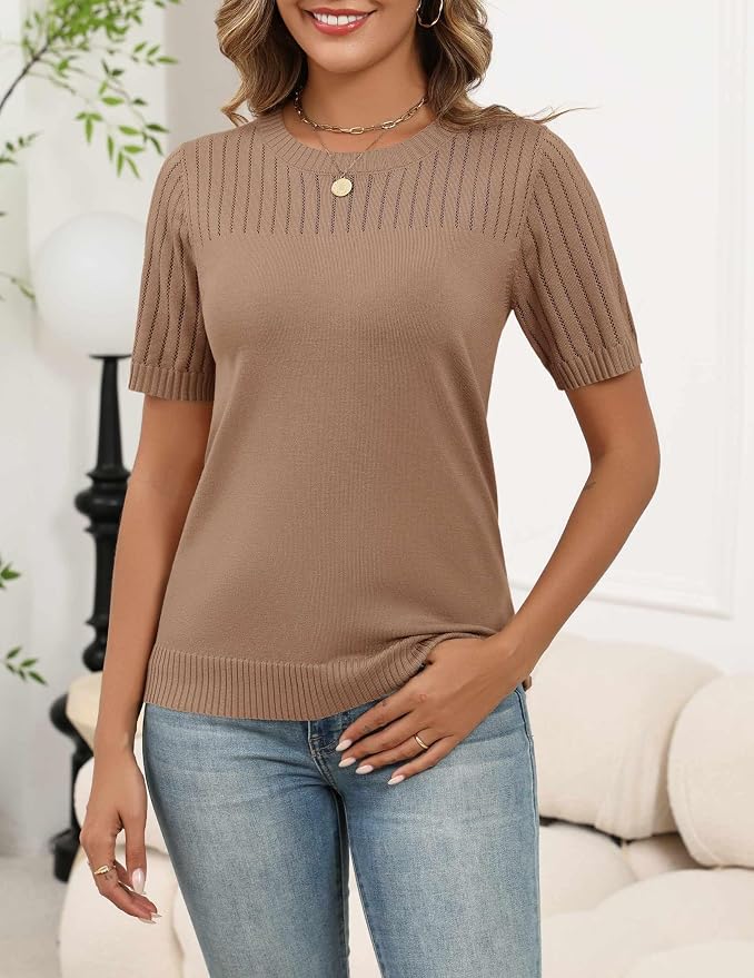 Zeagoo Women's Short Sleeve Sweater Tops 2026 Spring Summer Crew Neck Hollow Out Blouses Dressy Business Casual Outfits - Image 2