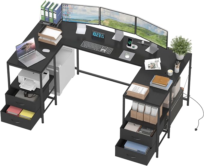 YOSHOOT 67" U Shaped Computer Desk, Reversible L Shaped Gaming Desk | Corner Desk with Power Outlets, 4 Drawers, 2 Storage Shelf, Computer Table with 4 Installation Methods, Black by YOSHOOT