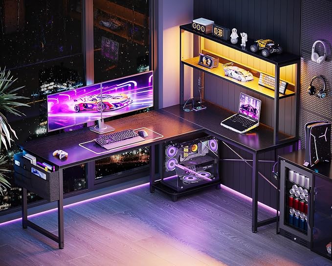 ODK 61" L Shaped Gaming Computer Desk with Shelves, LED & Outlets, Black | Headset hook. Storage bag. Shelves for books & supplies. LED for gaming nights. Reversible. Room for multiple monitors. - Image 2