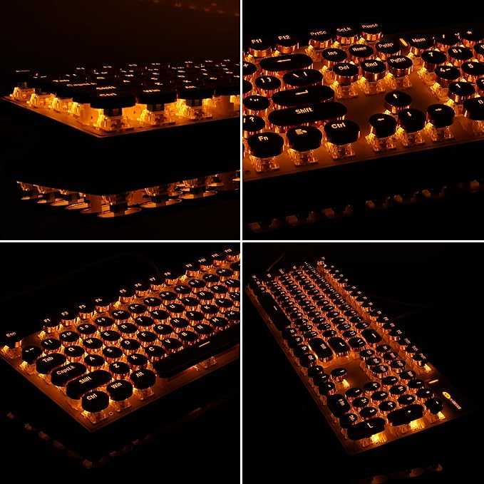 Camiysn Typewriter Style Mechanical Keyboard, Retro Punk Gaming Keyboard with Gold LED Backlit, Cute Wired Keyboards,104 Keys Full Size Keyboards, Uique Round Keycaps for Windows/Mac/PC(White&Gold) - Image 3