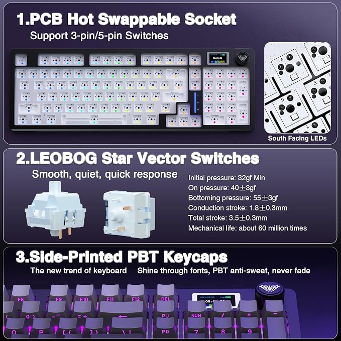 AULA S98 Pro Wireless Mechanical Keyboard with Screen & Knob,2.4GHz/USB-C/BT5.0 Hot Swappable Creamy Keyboard,Pre-lubed Linear Switches,Side Printed PBT Keycaps,RGB Backlit Gaming Keyboards - Image 5