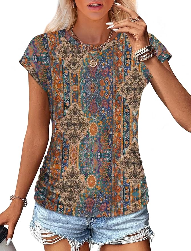 Sampeel Womens Summer Tops Trendy 2026 Ruched Cap Short Sleeve Tshirts Shirts Crew Neck T Shirts Fashion - Image 2