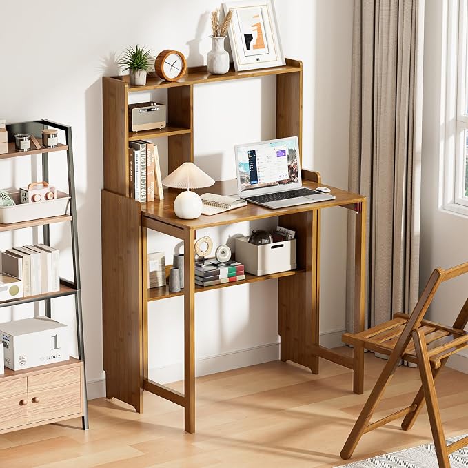 Folding Desk with Bookshelf, Compact Foldable Desk for Small Spaces,Brown | Bamboo Computer Desk with Storage Shelf, Space-Saving Home Office Desk with Hutch for Bedroom, Dorm, Apartment - Image 8