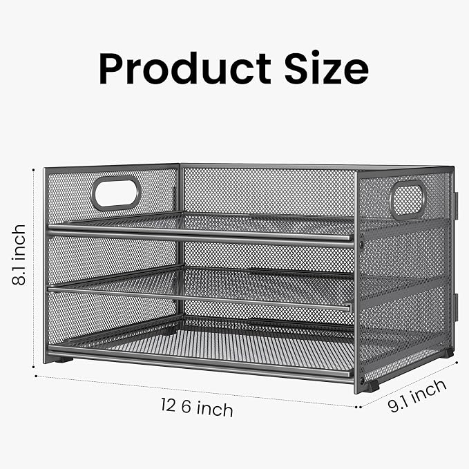 Subekyu 3 Tier Paper Letter Tray Organizer for Desk, Gray Metal Mesh Desk File Folder Sorter Organizer with Handle and Sliding Tray for Home, Office, School Supplies Organization Storage - Image 3