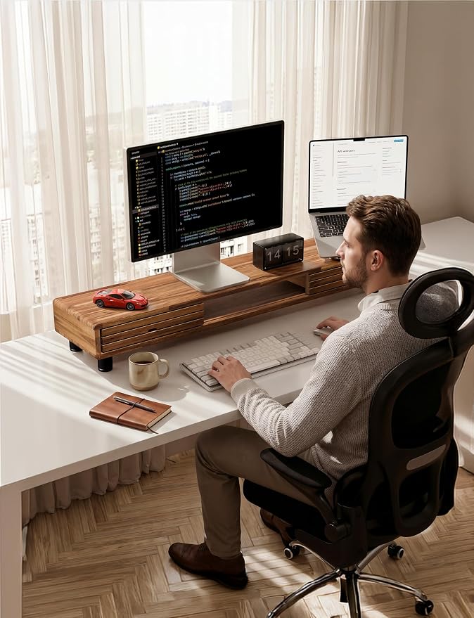 Tinamo 42.5" Dual Monitor Stand Riser with Sliding Doors – Solid Acacia Wood Desk Shelf for 2 Monitors, Desktop Organizer with Storage, Ergonomic 5" Height for Computer, Laptop, Printer, TV - Image 4