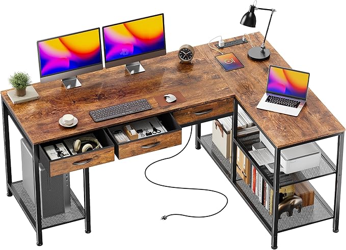 PRAISUN 55 Inch L Shaped Office Desk with Power Outlets and Type-C Port, Large Computer Gaming Desk with 3 Fabric Drawers, Mesh Shelves, Corner Study Work Writing Desk, Rustic Brown by PRAISUN