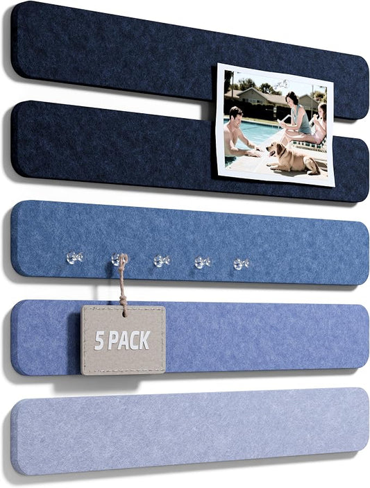 Fluxynara 13" x 2" Felt Wall Panels, Denim Mist | 5-Pack Cork Board Alternative with 35 Push Pins, Adhesive Mounting for Bedroom Door or Home Office by FLUXYNARA